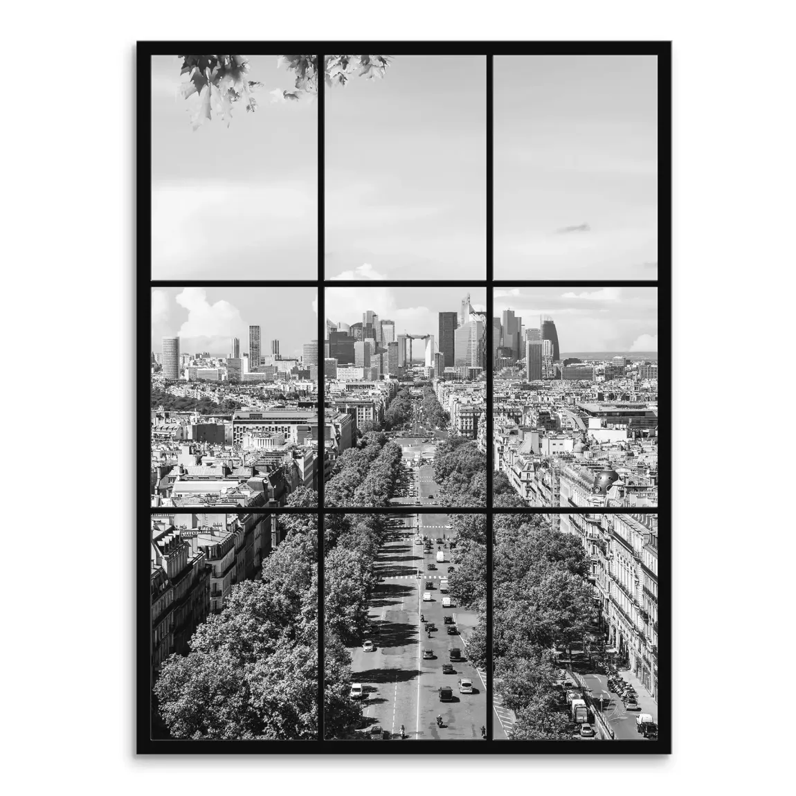 Black and white Paris skyline viewed from a high vantage point with a tree-lined avenue