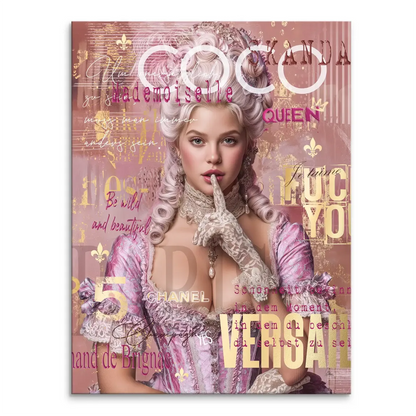 Vibrant Pop Art canvas featuring Marie Antoinette-inspired portrait with elaborate powdered wig
