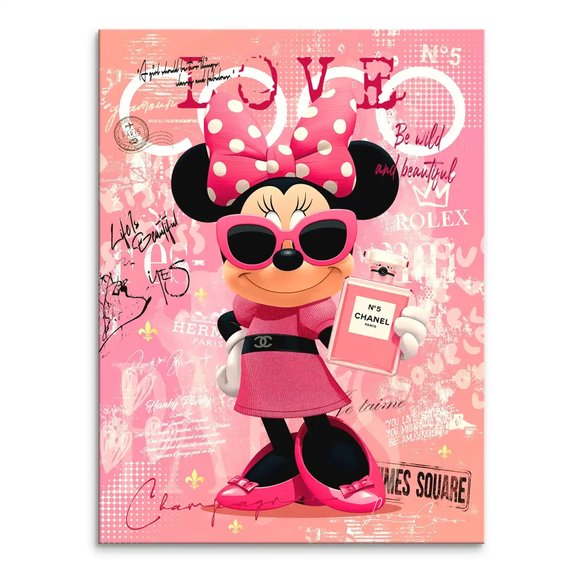 Minnie Mouse wearing pink fashion and sunglasses holding a Chanel No. 5 bottle on a pink graffiti collage canvas