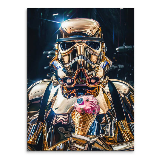 Gold Stormtrooper canvas art with pink ice cream cone on dark background