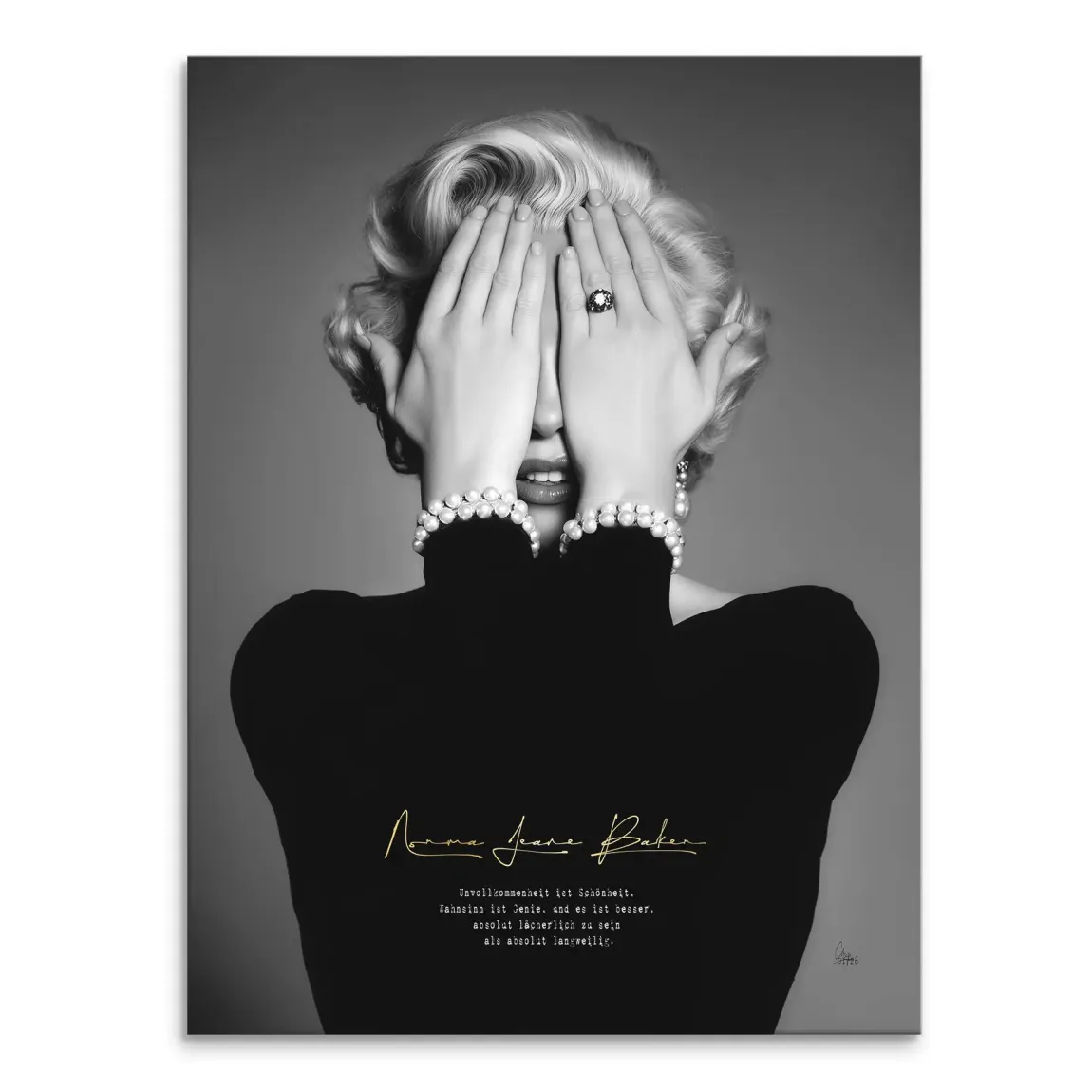 Black-and-white Marilyn Monroe canvas portrait of Norma Jeane covering her eyes