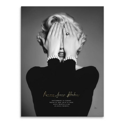 Black-and-white Marilyn Monroe canvas portrait of Norma Jeane covering her eyes