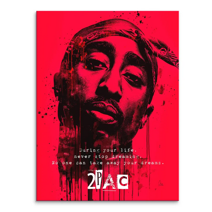 Graphic Tupac Shakur portrait on bold red distressed canvas
