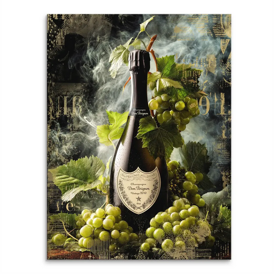 Dark champagne bottle with green grape clusters and vine leaves on a moody canvas backdrop
