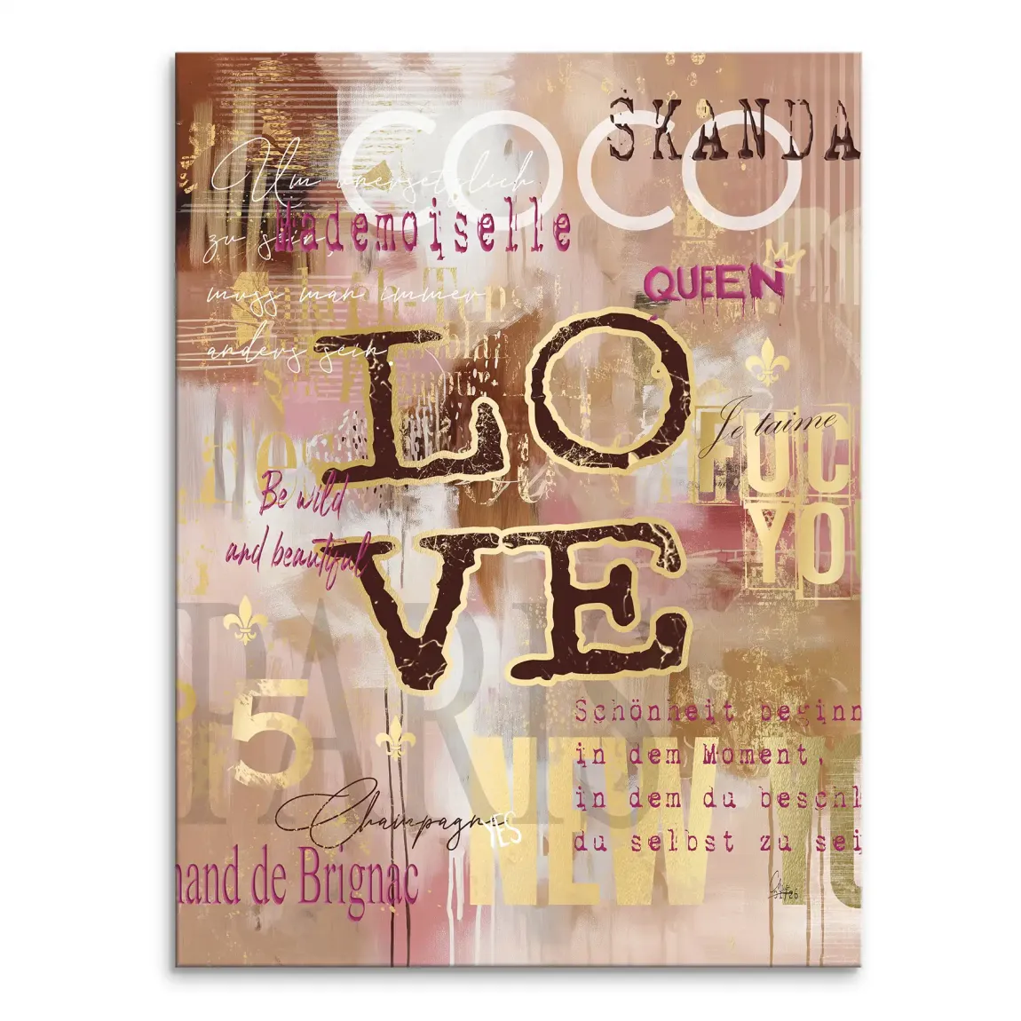 Coco Love Canvas Picture with bold LOVE lettering and gold outlines on a beige-pink collage
