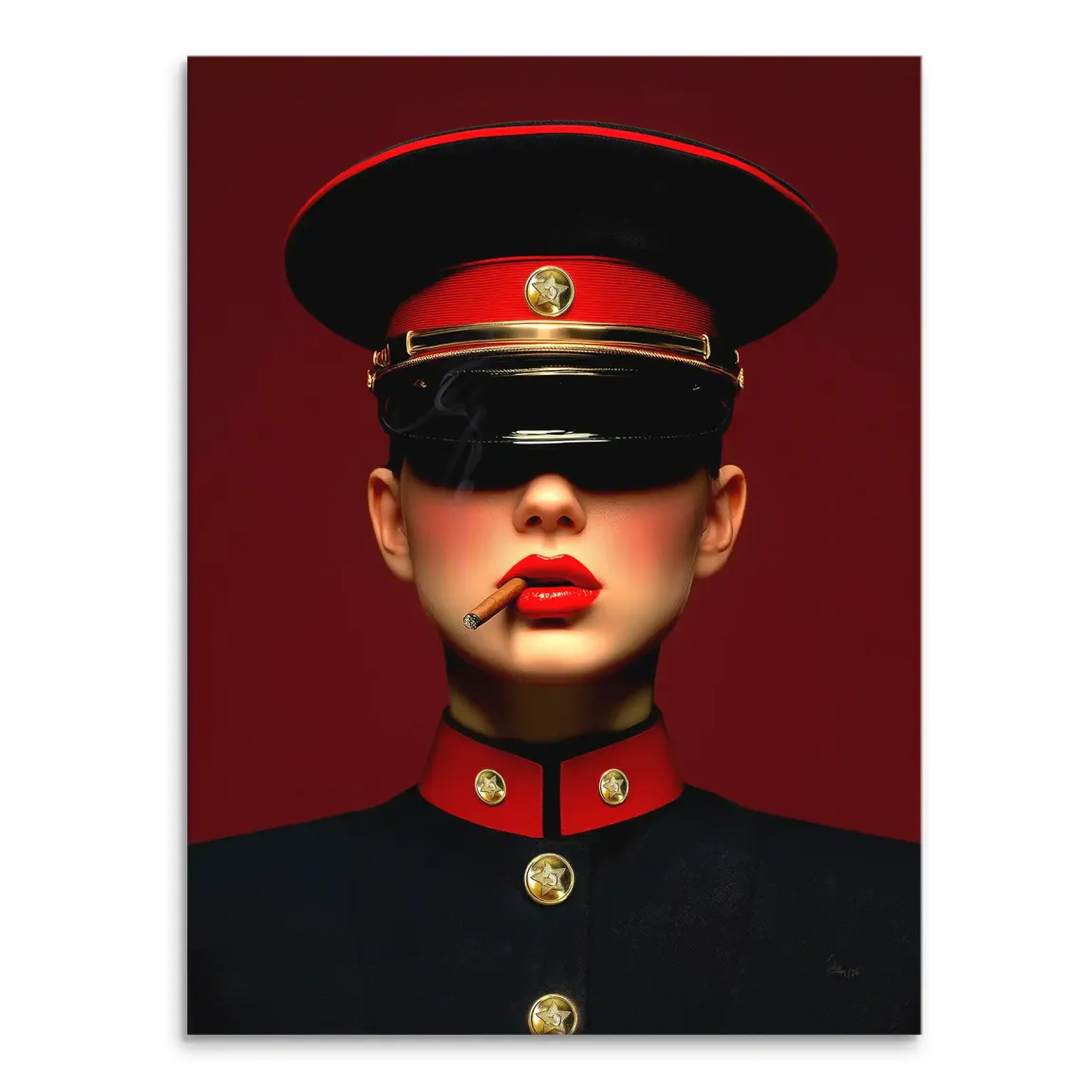 Stylized portrait of a woman in a black military-inspired uniform with red collar and gold buttons on a deep red background