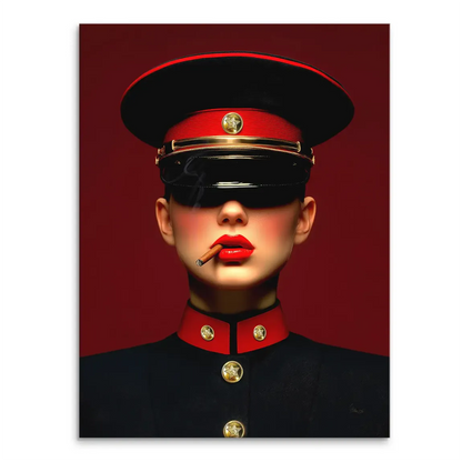 Stylized portrait of a woman in a black military-inspired uniform with red collar and gold buttons on a deep red background