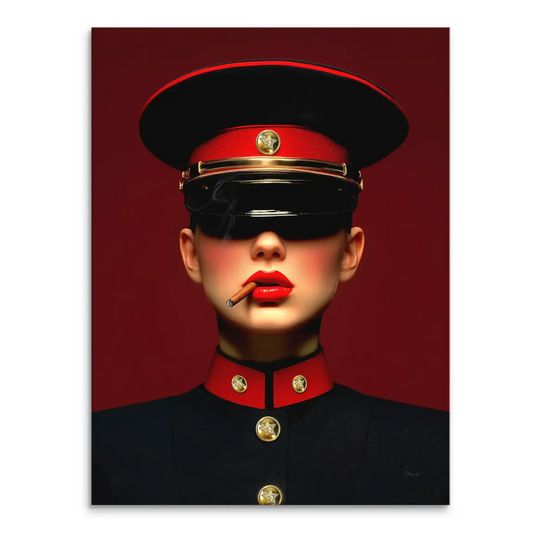 Stylized portrait of a woman in a black military-inspired uniform with red collar and gold buttons on a deep red background