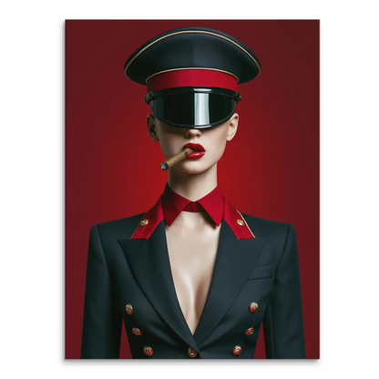 Red Officer canvas portrait of a woman in a black officer uniform with a red collar and gold accents