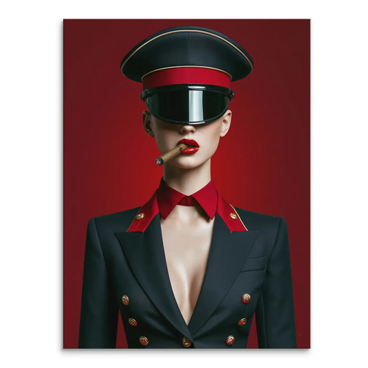 Red Officer canvas portrait of a woman in a black officer uniform with a red collar and gold accents