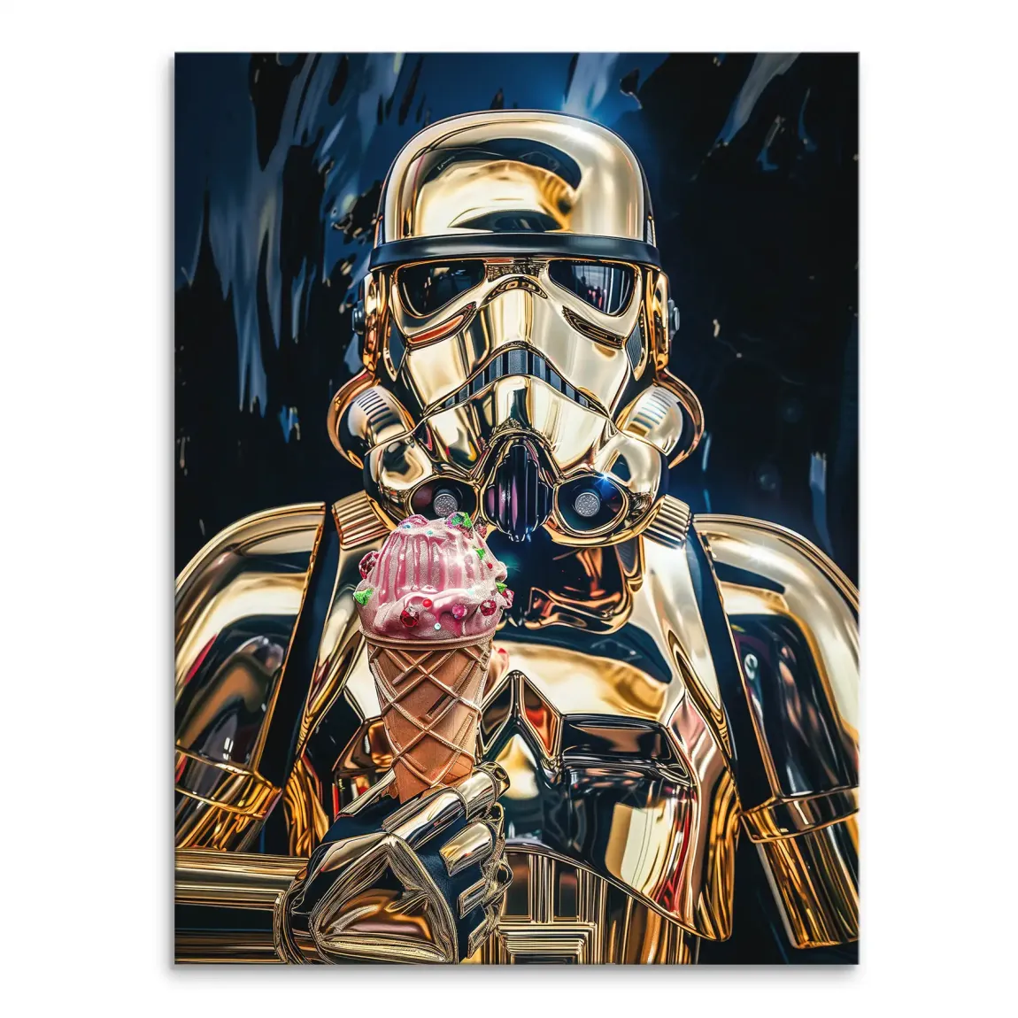 Gold Stormtrooper on canvas holding a pink ice cream cone with sprinkles