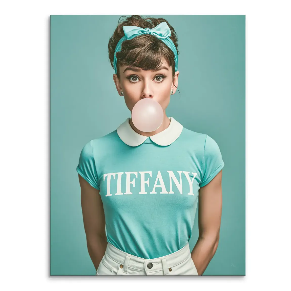 Stylized Audrey Hepburn-inspired figure in Tiffany blue with white collar and pink bubblegum bubble on a Tiffany blue canvas