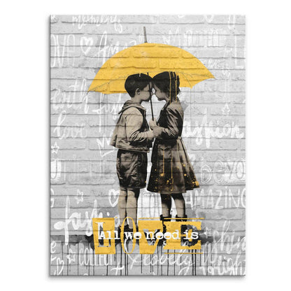 Monochrome canvas of two children under a yellow umbrella against a brick wall