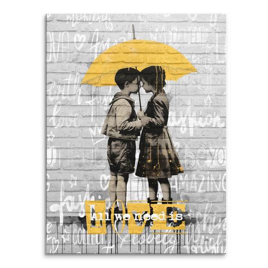 Monochrome canvas of two children under a yellow umbrella against a brick wall