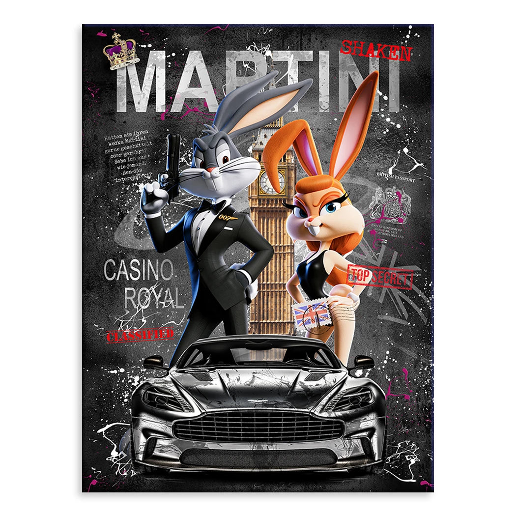 Bond-inspired Agent Rabbit canvas print featuring Bugs Bunny as a suave secret agent with Lola Bunny in a neon pop art graffiti scene.