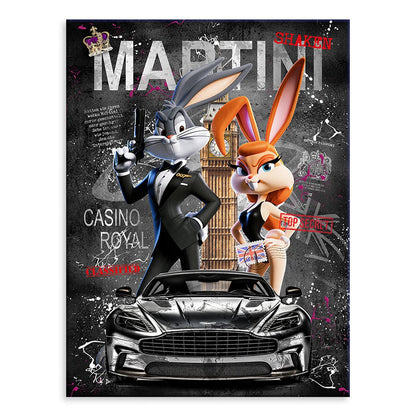 Bond-inspired Agent Rabbit canvas print featuring Bugs Bunny as a suave secret agent with Lola Bunny in a neon pop art graffiti scene.