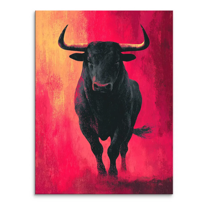 Black charging bull silhouette on a fiery red and orange canvas