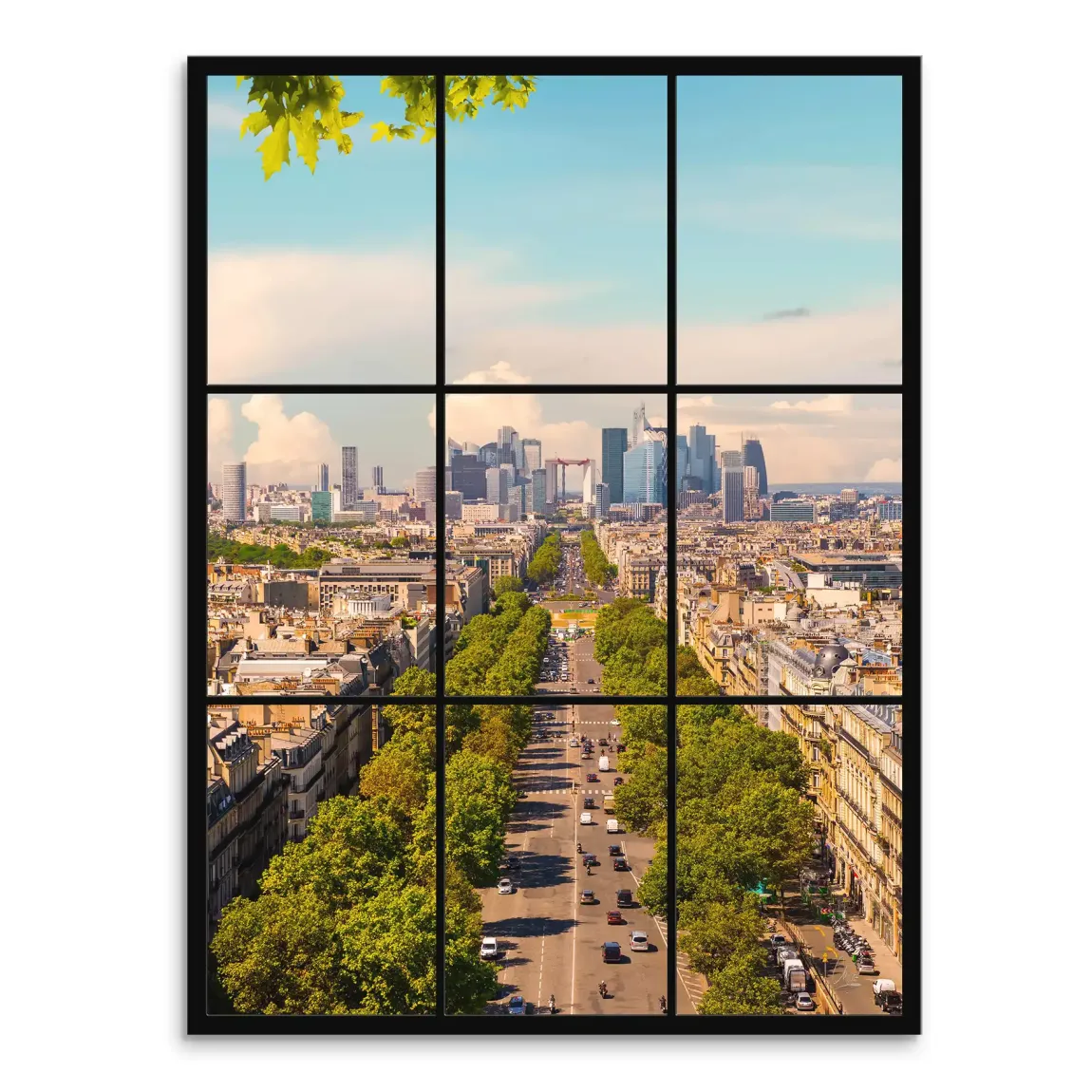 Aerial view of a grand Paris boulevard with blue sky and green trees framed by a nine-panel window