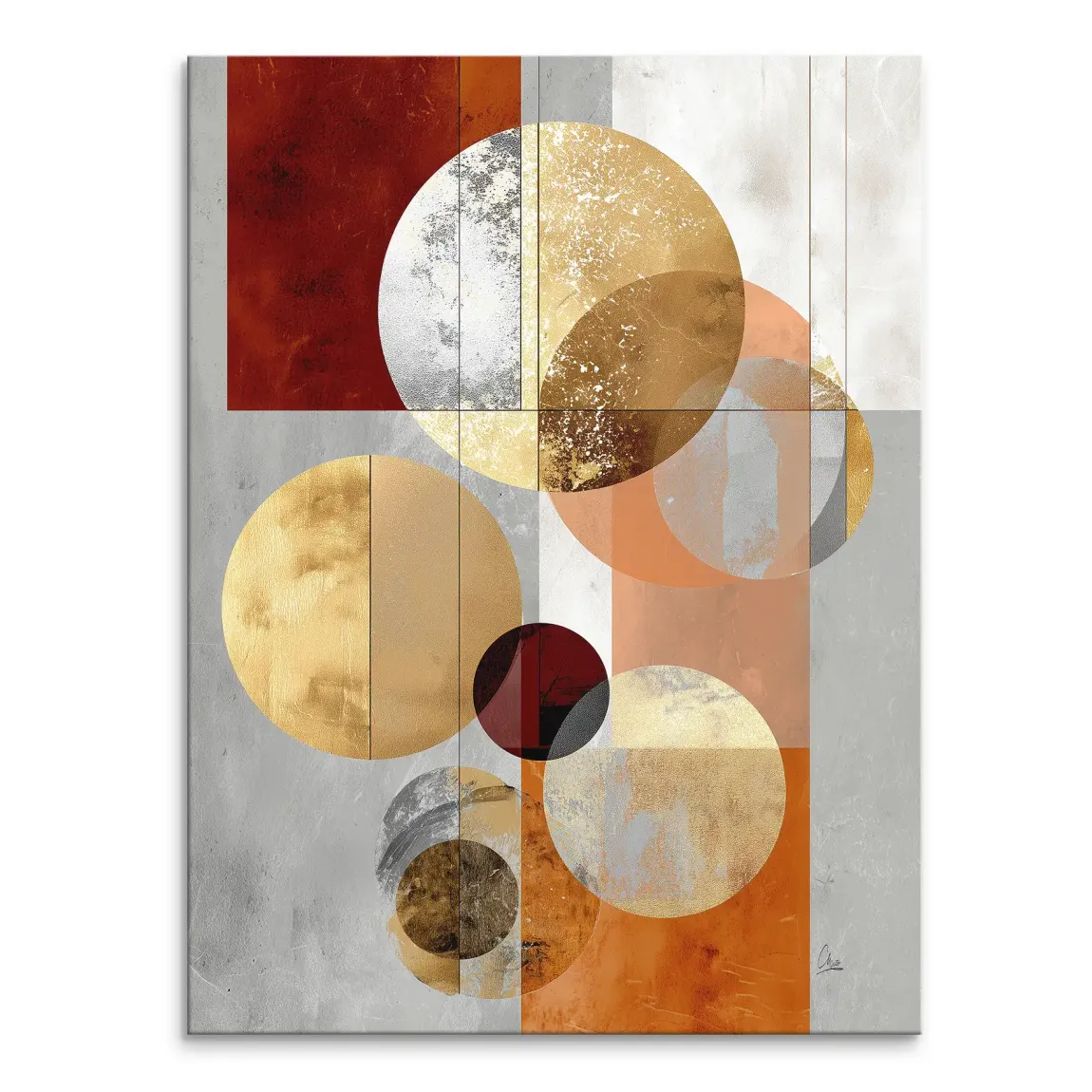 Golden Orbit canvas print featuring overlapping circles and rectangular blocks with metallic tones