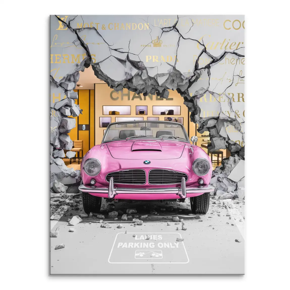 Pink vintage BMW 507-style car crashes through a cracked concrete wall with gold luxury brand logos and a Chanel boutique revealed
