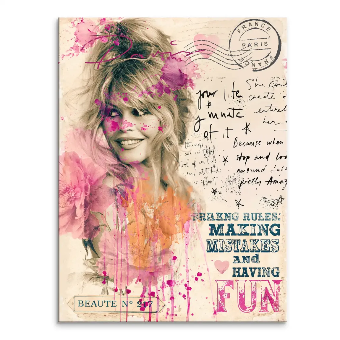 Brigitte Bardot Paris canvas art portrait with pink and orange paint splatters