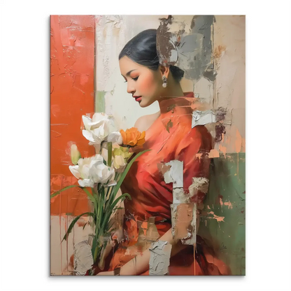 Portrait of an Asian woman in profile holding a bouquet of white and orange orchids on a canvas print with warm orange tones.