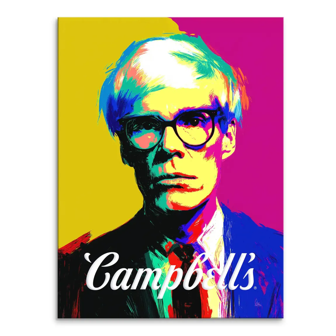 Andy Warhol-inspired Campbell's soup can portrait on bright neon canvas