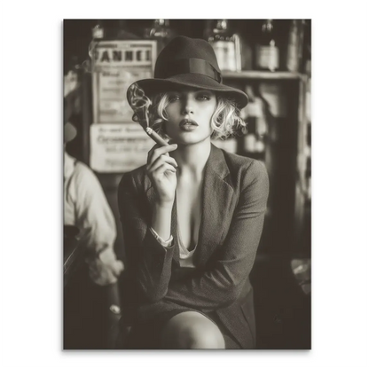 Sepia-toned portrait of a glamorous blonde woman wearing a fedora and blazer, exhaling a cigar in a speakeasy-inspired setting.