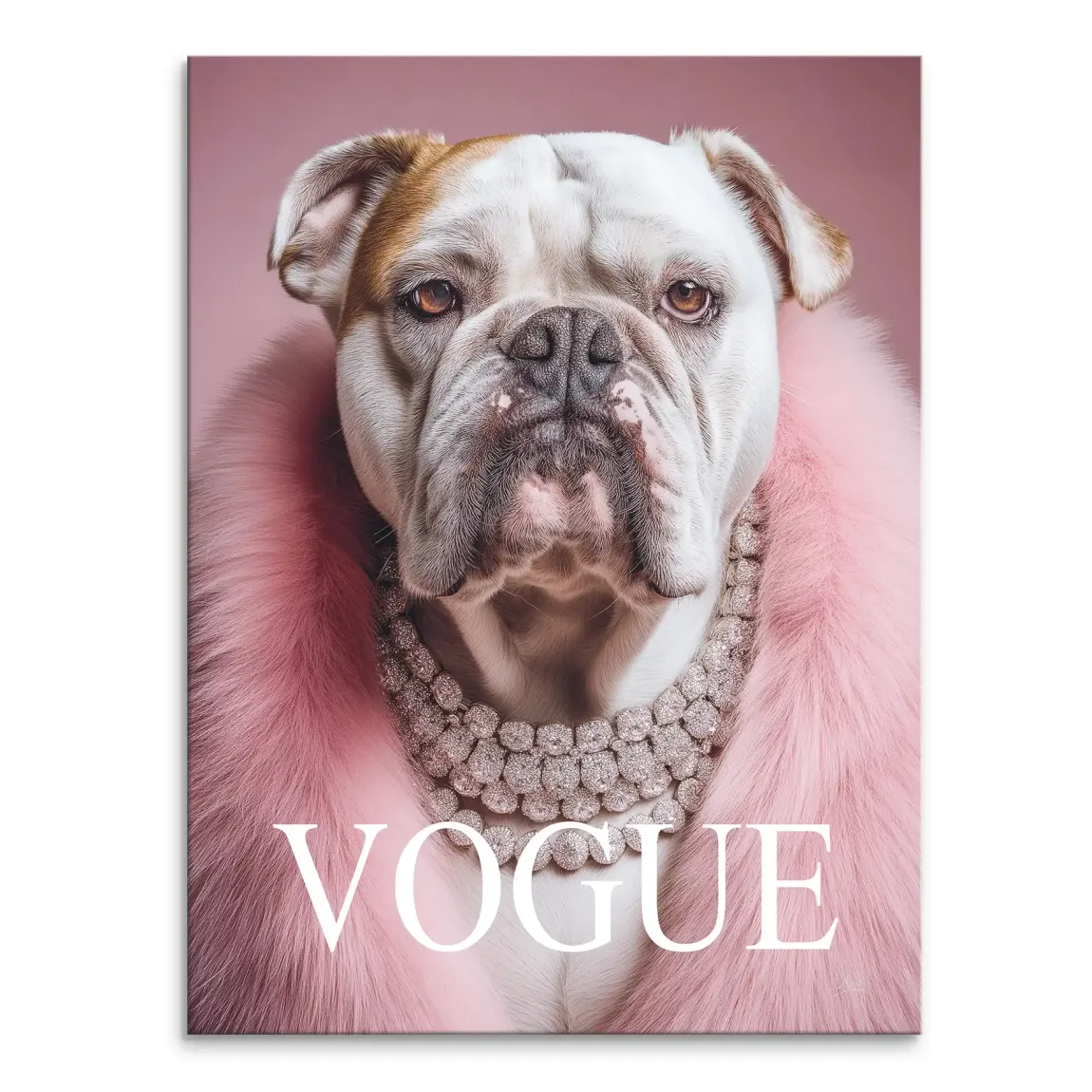 Glamorous bulldog portrait on a Vogue-inspired canvas with pink background and diamond necklace.