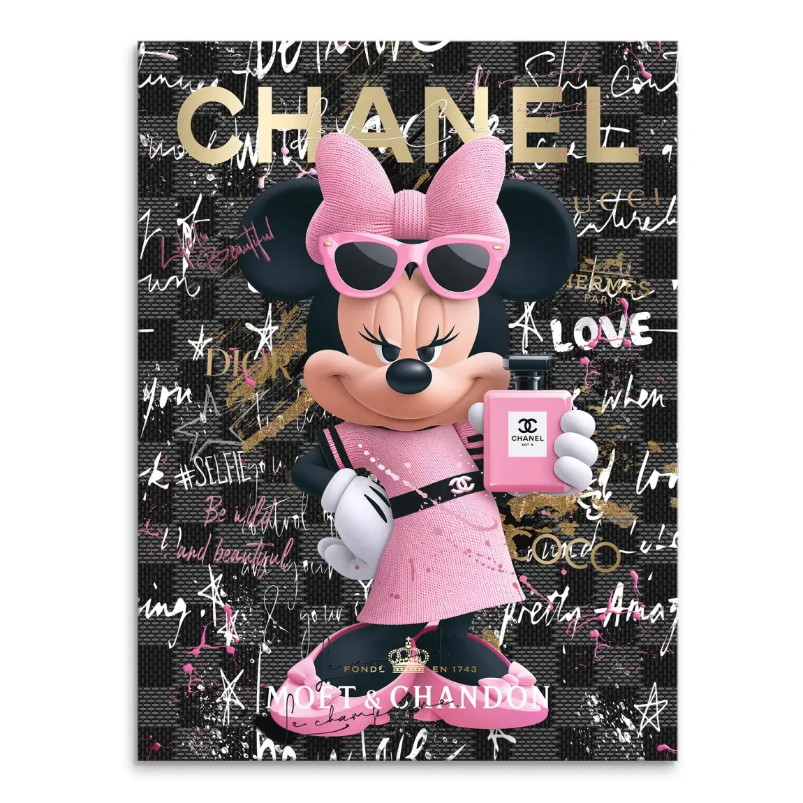 Minnie Mouse in a pink dress and sunglasses on a pink and gold canvas wall art, holding a pink perfume bottle.
