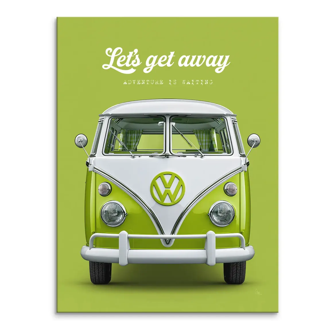 Front view of a lime-green and white VW Bus canvas print with Let's Get Away and Adventure Is Waiting text