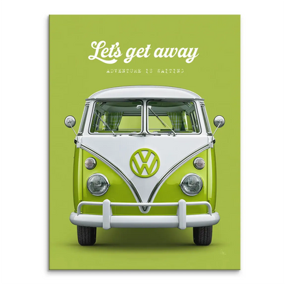 Front view of a lime-green and white VW Bus canvas print with Let's Get Away and Adventure Is Waiting text