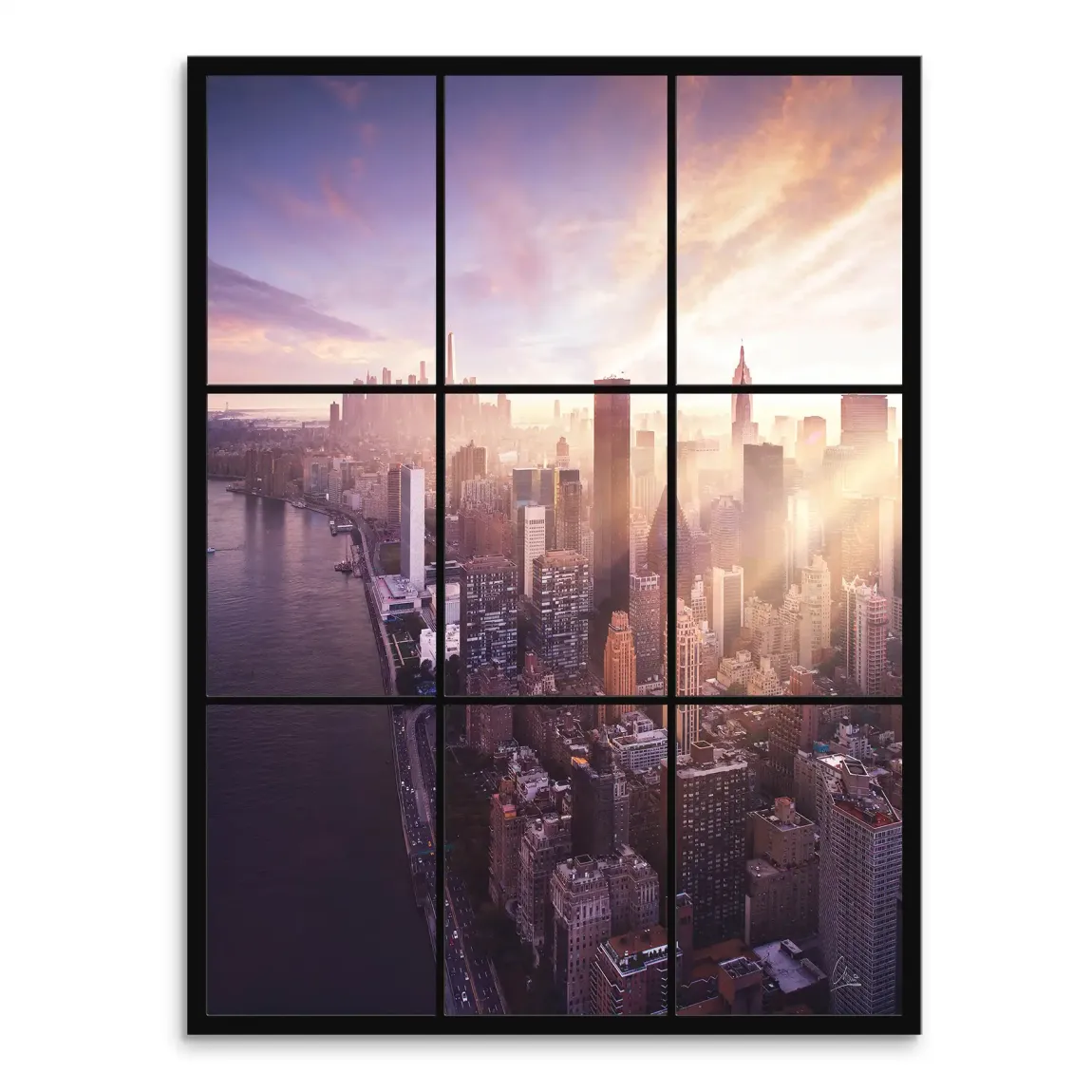 Aerial view of Manhattan skyline at golden hour with tall skyscrapers