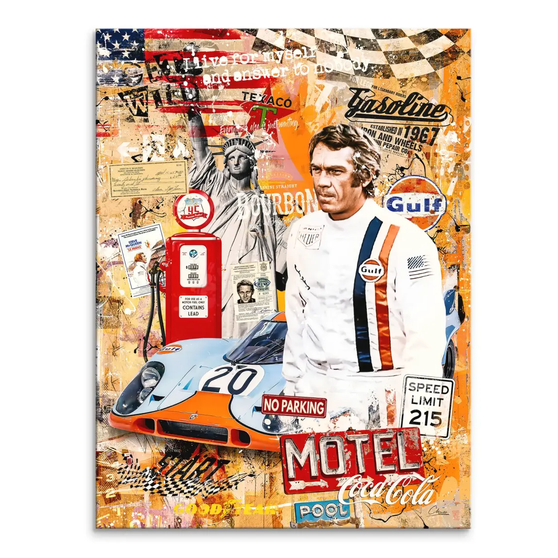Steve McQueen and a Gulf-liveried Porsche 917 appear in a vibrant Pop Art collage with the Statue of Liberty and vintage gas pumps.