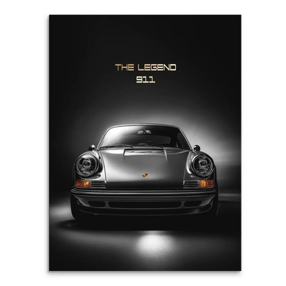 Head-on view of Porsche 911 canvas art in metallic grayscale on a dark background with amber turn signals