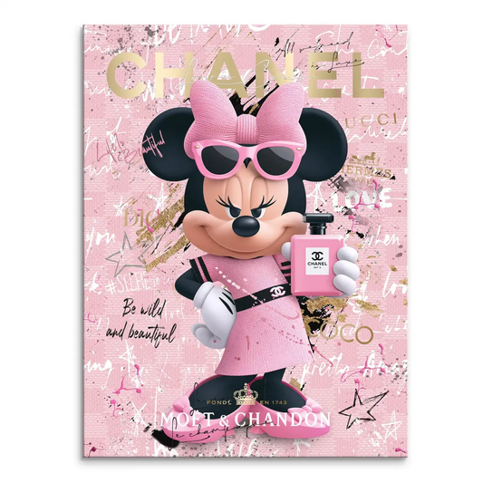 Pop Art canvas featuring Minnie Mouse as a fashion icon in a rose-pink dress, holding a Chanel No. 5 bottle with graffiti script and gold splatters
