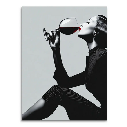Glamorous woman in a black-and-white profile sipping red wine on the Wine Moments canvas print.