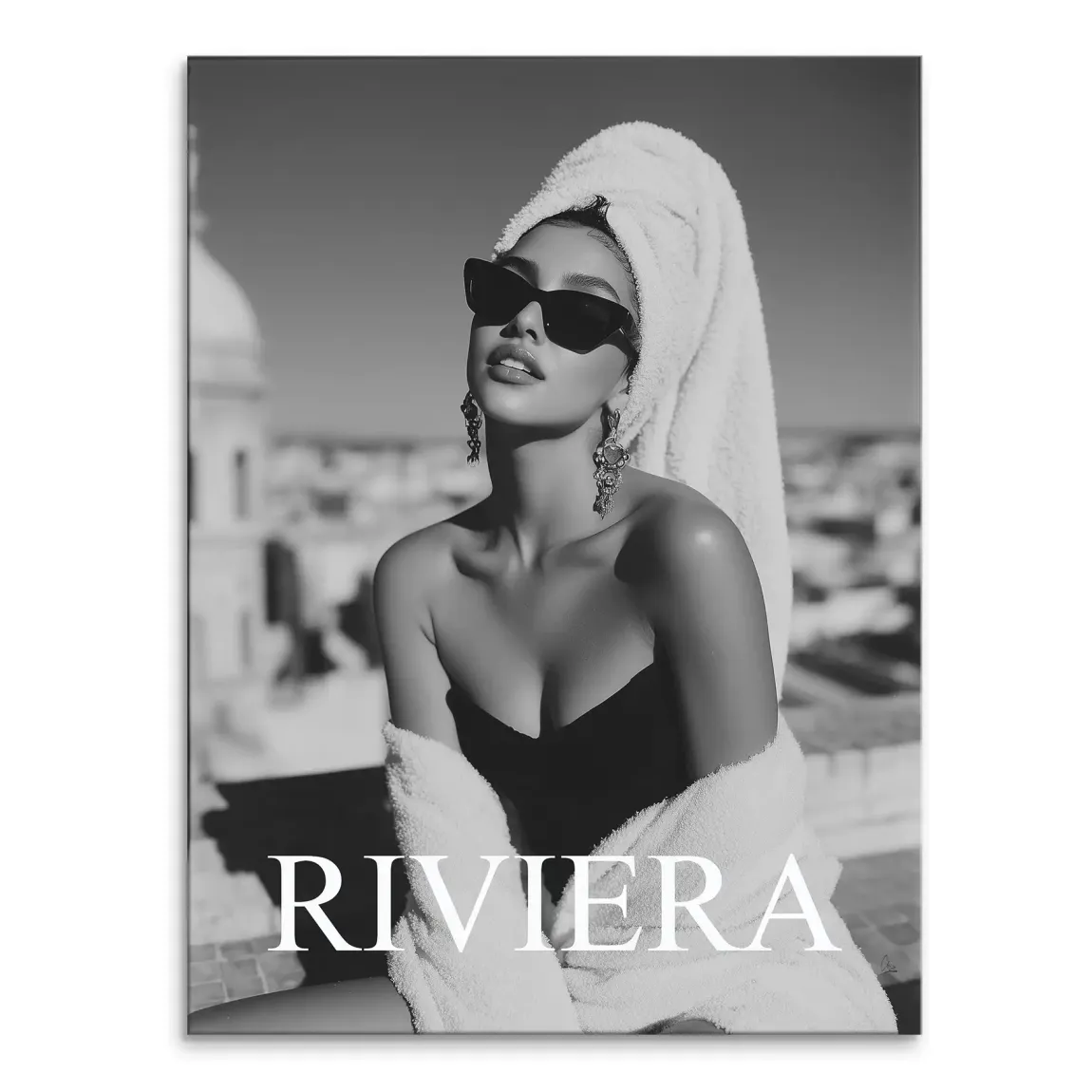 Black-and-white canvas art featuring a glamorous woman with sunglasses and a towel wrapped around her head.