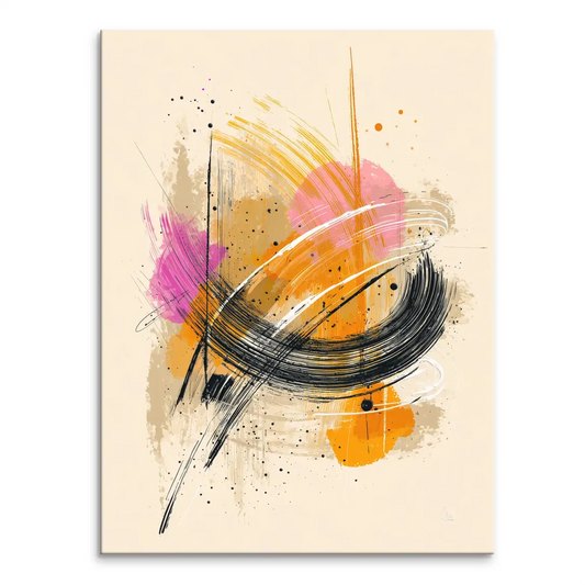 Modern Energy Abstract Canvas Painting with bold black strokes and vibrant pink, yellow, and orange on cream background