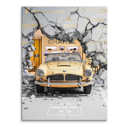 Yellow vintage BMW convertible crashes through a gray concrete wall into a luxury boutique.
