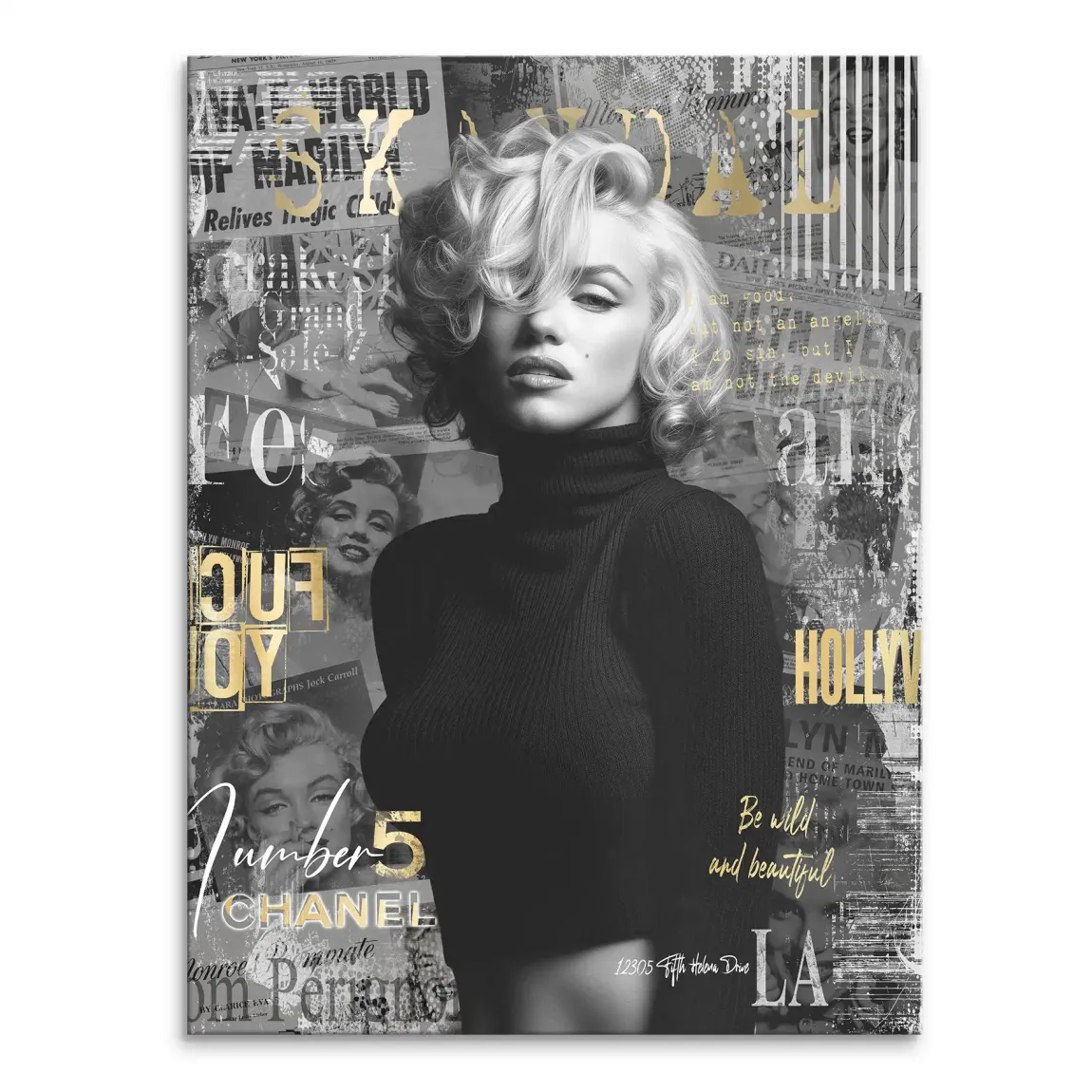Black and white Marilyn Monroe portrait on canvas with gold typography collage