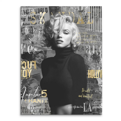 Black and white Marilyn Monroe portrait on canvas with gold typography collage