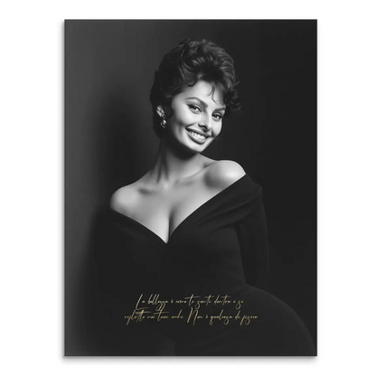 Black and white portrait of Sophia Loren with a gold cursive quote on the lower edge