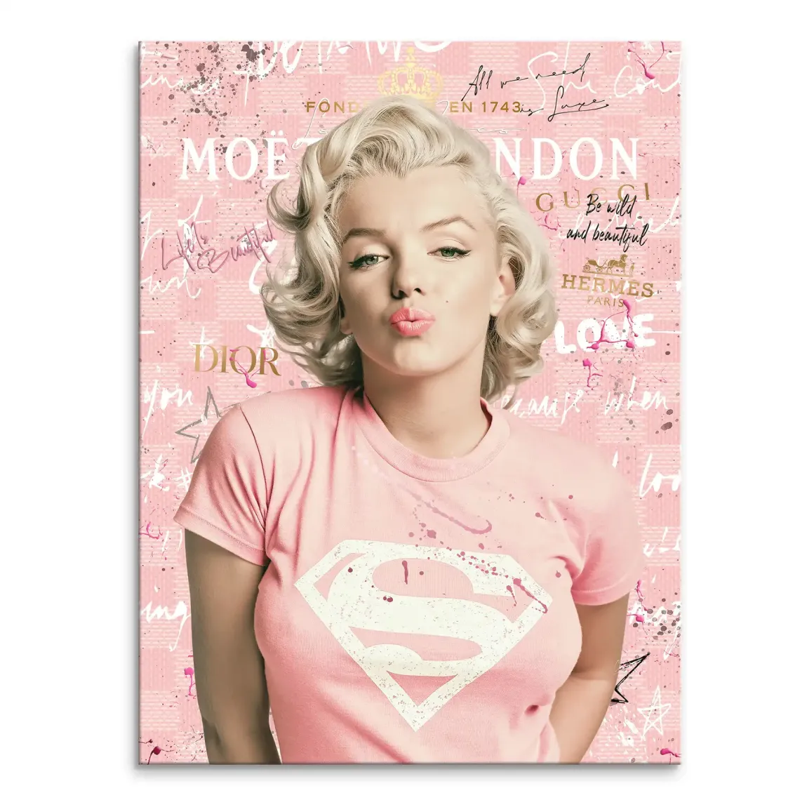 Marilyn Monroe blowing a kiss on a pink pop art canvas wearing a pink Superman tee
