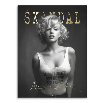 Marilyn Monroe portrait on black-and-white canvas with gold accents and SCANDAL typography at the top.