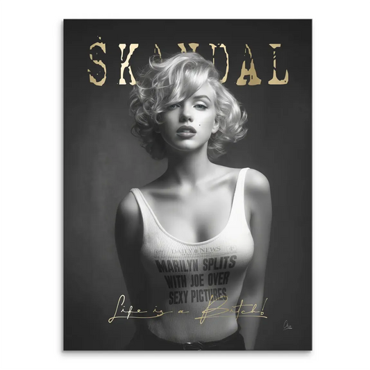 Marilyn Monroe portrait on black-and-white canvas with gold accents and SCANDAL typography at the top.