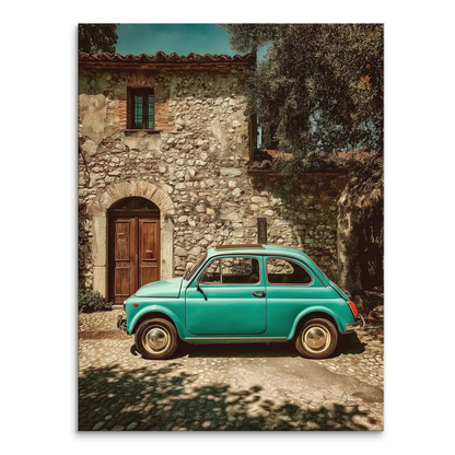 Teal vintage Fiat 500 parked on a sunlit Italian cobblestone street beside a rustic stone building.