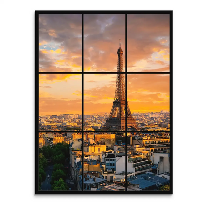 Sunset View Paris Canvas Print: Eiffel Tower lit at dusk, viewed through a bold black window grid with a detailed cityscape.