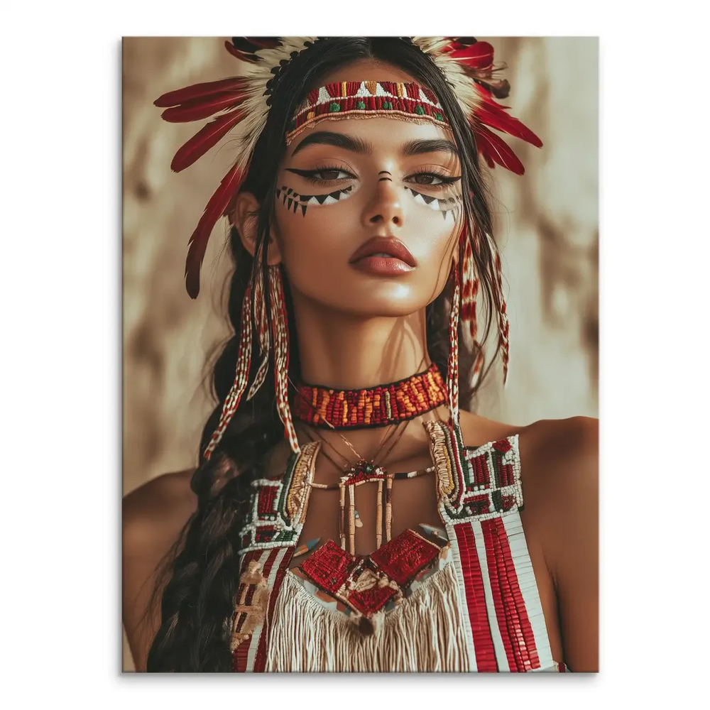 Portrait of a Native American woman on canvas wearing a feathered headdress and beaded jewelry