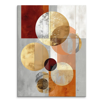 Golden Orbit Canvas Print with large overlapping gold and silver circles on a textured grey and deep red background.